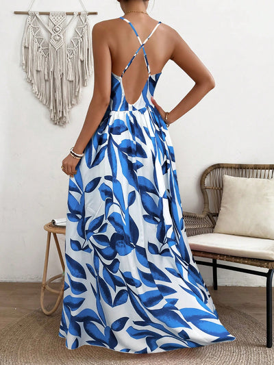 Vibrant Vacation Chic: Flower Printed Spaghetti Straps Backless Dress