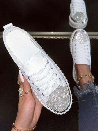 Shimmering Rhinestone Lace-Up Sneakers: Women's Stylish Casual Sports Shoes