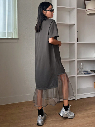 Mesh Spliced T-Shirt Dress: Effortless Style for Women