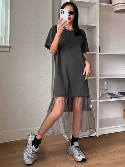 Mesh Spliced T-Shirt Dress: Effortless Style for Women