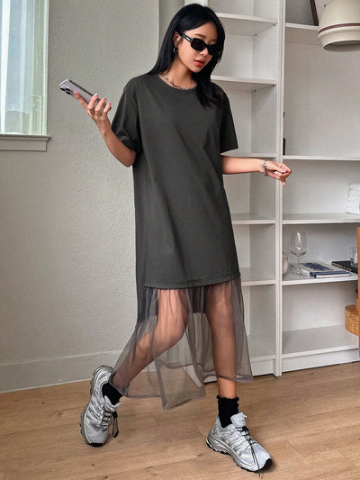 Mesh Spliced T-Shirt Dress: Effortless Style for Women