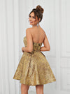 Radiant Romance: Golden Woven Jacquard Bandeau Dress with High Waist and Umbrella Hem