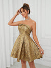 Radiant Romance: Golden Woven Jacquard Bandeau Dress with High Waist and Umbrella Hem