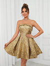 Radiant Romance: Golden Woven Jacquard Bandeau Dress with High Waist and Umbrella Hem