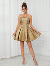 Radiant Romance: Golden Woven Jacquard Bandeau Dress with High Waist and Umbrella Hem