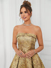 Radiant Romance: Golden Woven Jacquard Bandeau Dress with High Waist and Umbrella Hem