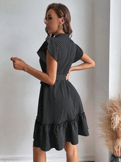 Polka Dot Perfection: Elegant Summer Dress with Ruffled Hem and Waist Belt