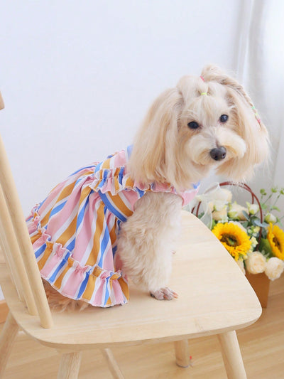 Countryside Chic: Colorful Striped Ruffle Hem Dress for Stylish Pets in Spring and Summer