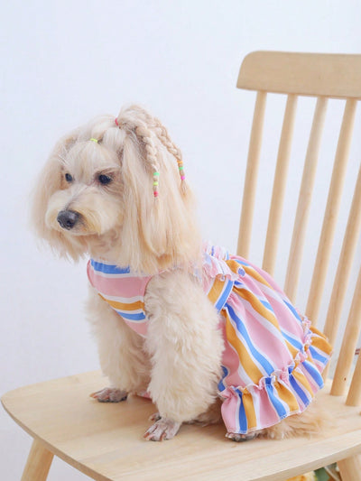 Countryside Chic: Colorful Striped Ruffle Hem Dress for Stylish Pets in Spring and Summer