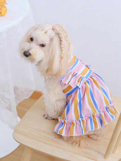 Countryside Chic: Colorful Striped Ruffle Hem Dress for Stylish Pets in Spring and Summer