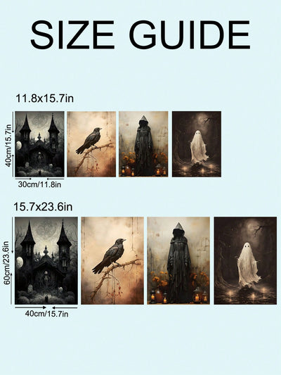 Haunted House Art Collection: 4pcs Gothic Style Ghost Oil Paintings for Festive Wall Decor