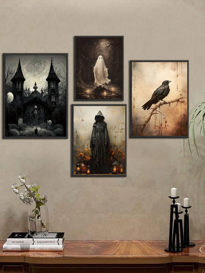 Haunted House Art Collection: 4pcs Gothic Style Ghost Oil Paintings for Festive Wall Decor