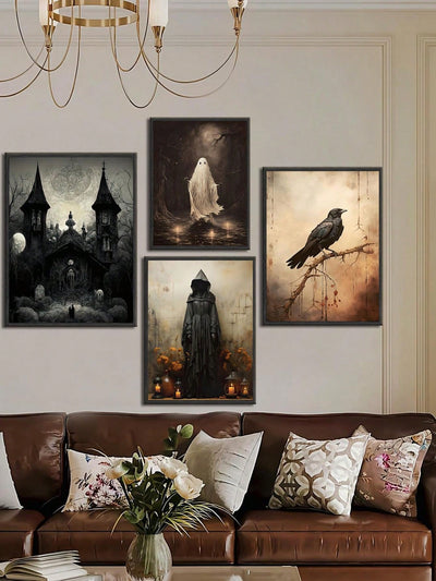 Haunted House Art Collection: 4pcs Gothic Style Ghost Oil Paintings for Festive Wall Decor