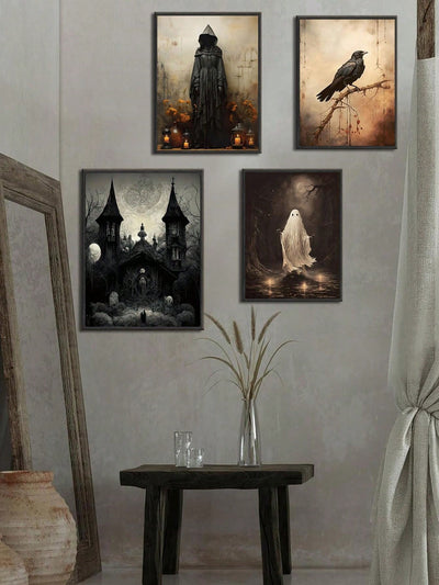 Haunted House Art Collection: 4pcs Gothic Style Ghost Oil Paintings for Festive Wall Decor