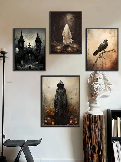 Haunted House Art Collection: 4pcs Gothic Style Ghost Oil Paintings for Festive Wall Decor