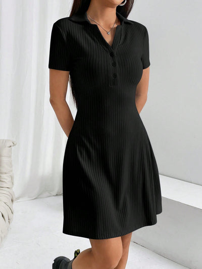 Chic Summer Ribbed Bodycon Dress with Polo Collar for Girls