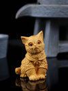 Playful Scholar Cat Figurine: Adorable Miniature Boxwood Carving Cat Shaped Knob