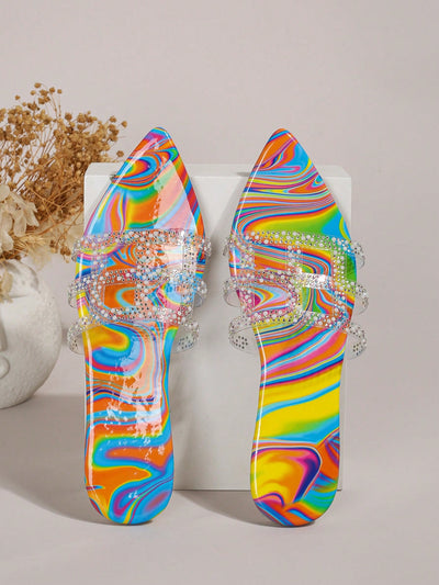 2024 Summer Chic: Colorful Transparent Flat Sandals with Rhinestone Embellishments