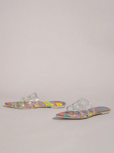 2024 Summer Chic: Colorful Transparent Flat Sandals with Rhinestone Embellishments