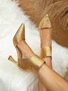 Golden Elegance: Women's High Heel Muller Shoe with Zipper Buckle and Pointed Toe