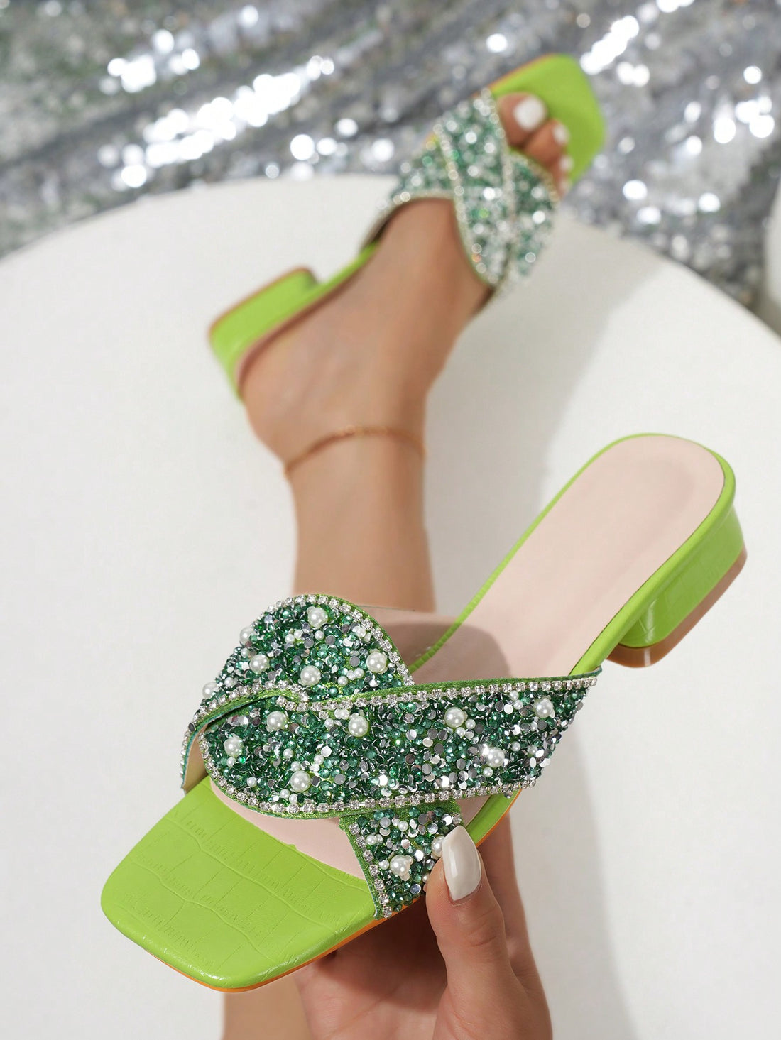 Rhinestone Refresh: Lychee Green Chunky Heel Slide <a href="https://canaryhouze.com/collections/women-canvas-shoes?sort_by=created-descending" target="_blank" rel="noopener">Sandals</a> add a touch of sparkle to your step. The chunky heel provides stability and support, while the slide design allows for easy on and off. Perfect for a night out or a special occasion.