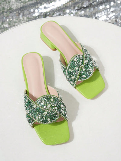 Rhinestone Refresh: Lychee Green Chunky Heel Slide Sandals