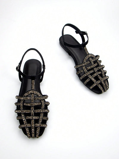 Gorgeous Rhinestone Sandals: Light Brown Sardine Fabric Braided Ankle Strap Flats for Daily and Party Wear