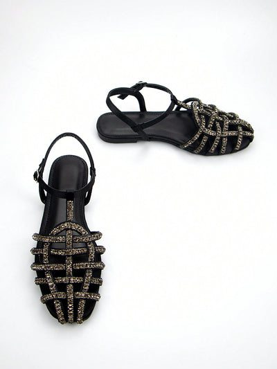 Gorgeous Rhinestone Sandals: Light Brown Sardine Fabric Braided Ankle Strap Flats for Daily and Party Wear