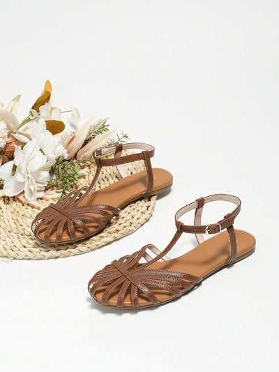 Brown Woven Strap Roman Flat Sandals: Stylish Comfort for Summer Adventures