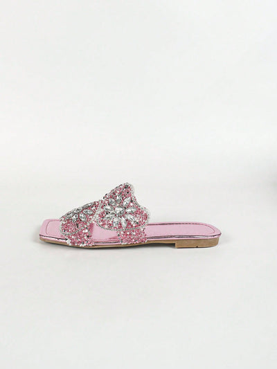 Shine Bright: Women's Pink Casual Shoes with Rhinestone Heart Decoration