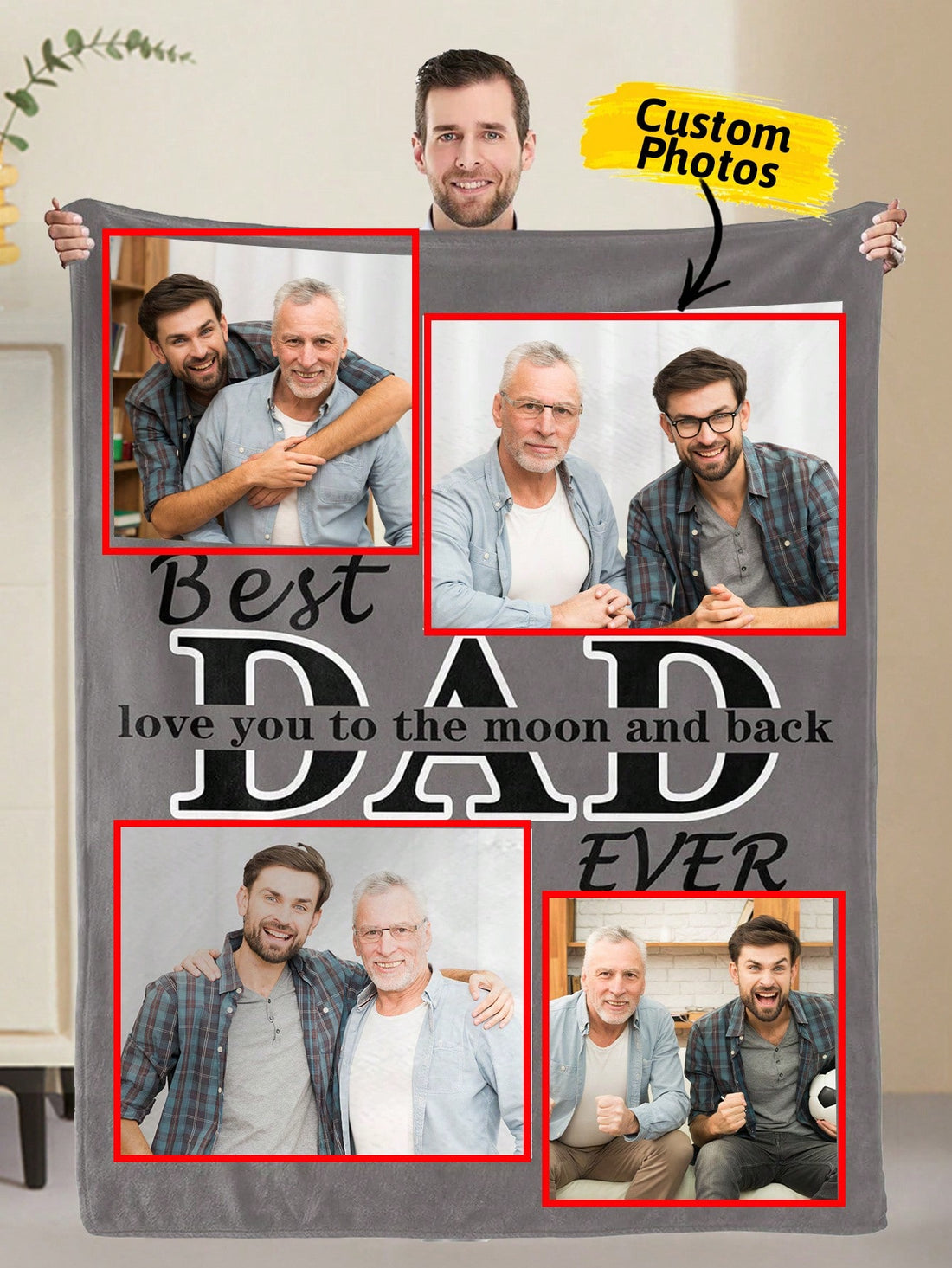 This custom photo blanket makes for the perfect Father's Day gift for the best dad ever! Personalize it with your favorite family photo for a thoughtful and unique present. Made with high-quality materials, this blanket is both functional and sentimental. Show your dad how much you care with this one-of-a-kind gift.