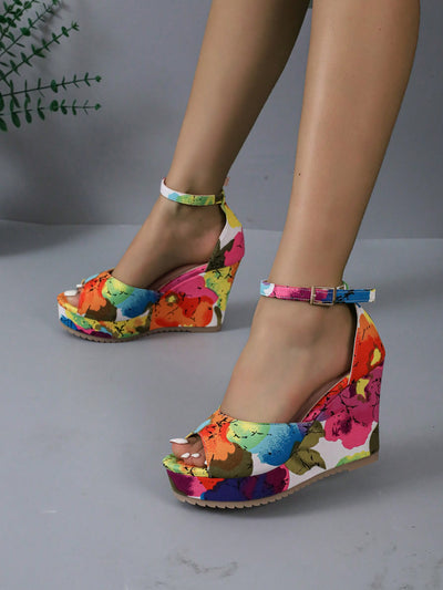 Blooming Beauty: New Style Big Flower Pattern Fashion Wedge Heel Sandals