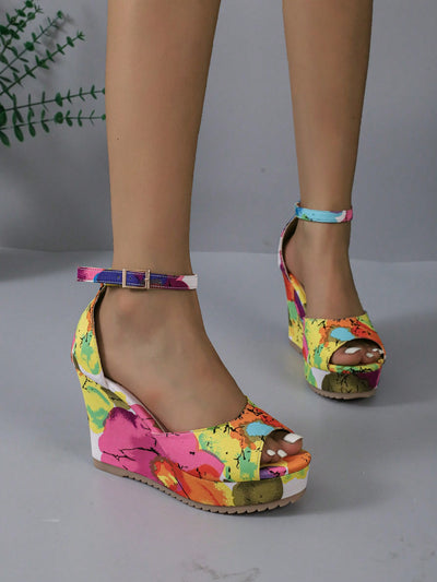 Blooming Beauty: New Style Big Flower Pattern Fashion Wedge Heel Sandals