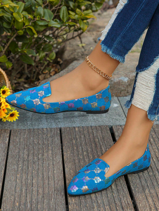 Chic Plus Size Pointed Toe Flat Shoes: Blue Fabric Printed Pattern Slip-On Style for Daily Wear