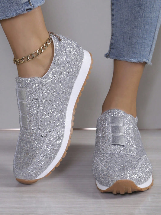 Glittering Comfort: Women's Slip-On Flat Sneakers with Elastic Topline