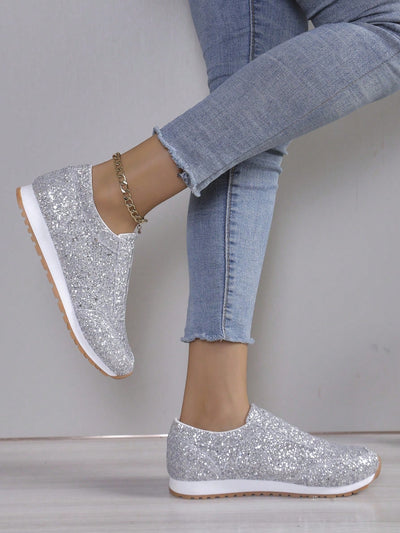 Glittering Comfort: Women's Slip-On Flat Sneakers with Elastic Topline