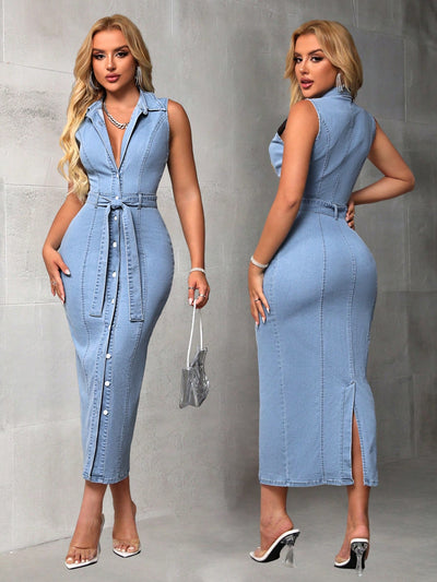 Effortlessly Sexy: Sleeveless Bodycon Denim Dress with Button Front