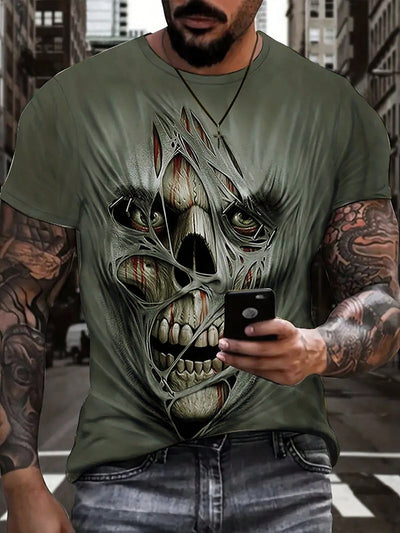 Men's Edgy Skull Print Round Neck T-Shirt: Rock Your Style