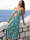 Get Ready for Vacation with full Print Hollow Out Chest Knot Strap Dress