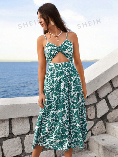 Get Ready for Vacation with full Print Hollow Out Chest Knot Strap Dress