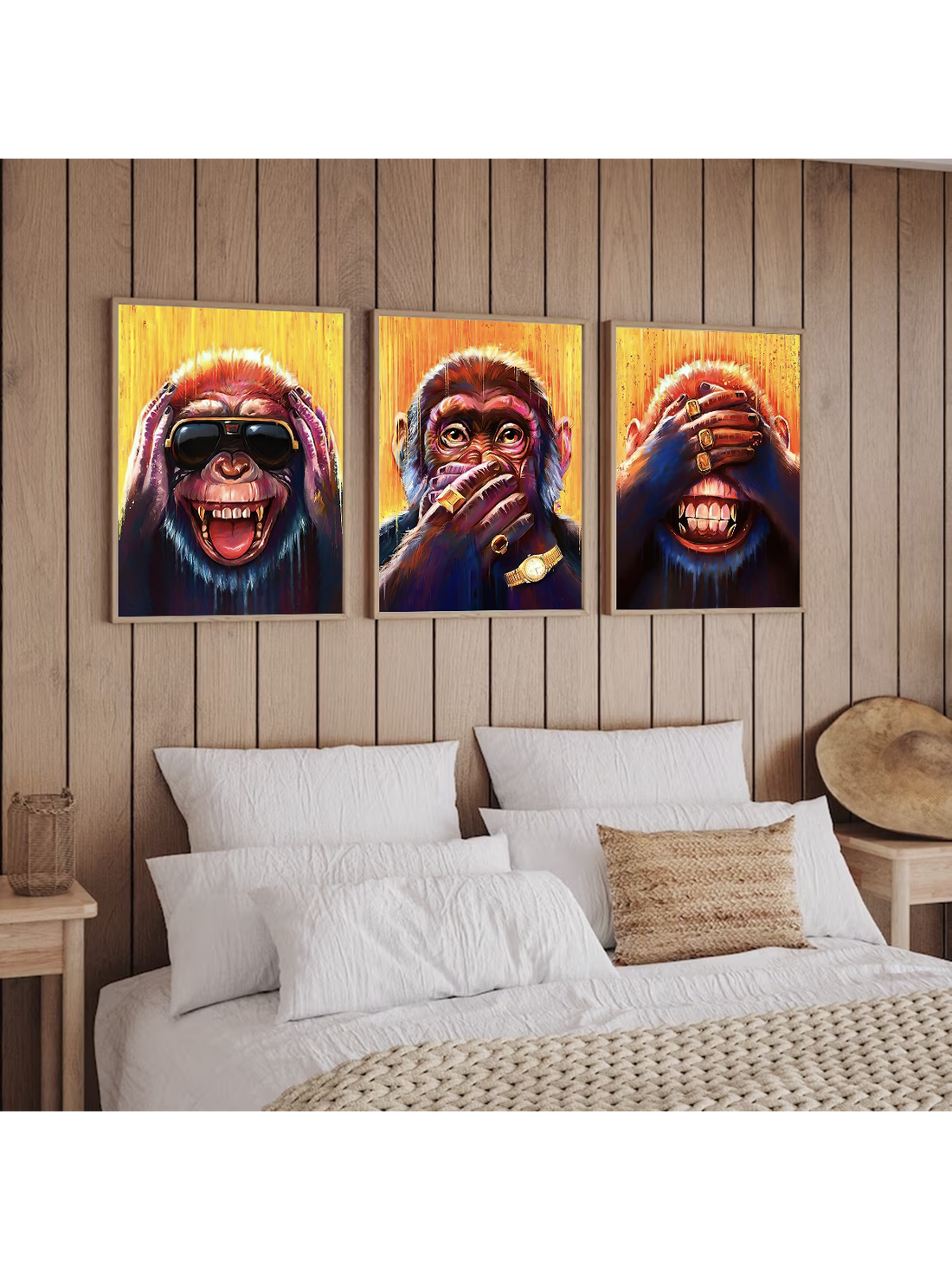 Enhance your modern home decor with this inspiring set of Three Wise Monkeys Canvas Prints. Featuring a trio of wall art pieces, this set adds a touch of wisdom and motivation to any space. Made with high-quality canvas, these prints are durable and long-lasting.