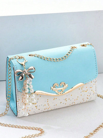 Chic Two-Tone Faux Pearl Decor Small Shoulder Bag