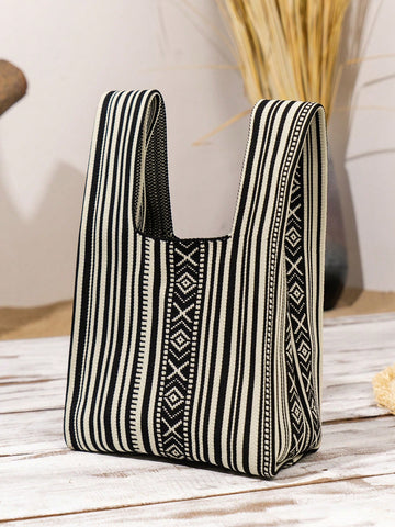 This mini striped knit handbag is not only chic and versatile but also perfect for all your daily essentials. Its modern design is perfect for any occasion and its compact size makes it easy to carry around. With this handbag, you can stay stylish and organized on the go.