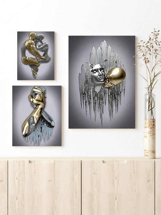 Modern Metal Character Statue Canvas Poster Set - Romantic Style Wall Art for Home and Office Decoration