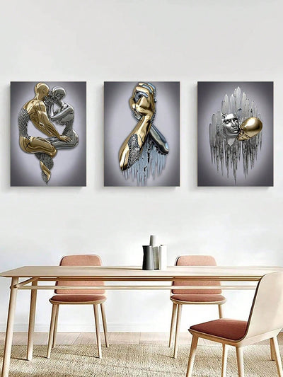 Modern Metal Character Statue Canvas Poster Set - Romantic Style Wall Art for Home and Office Decoration