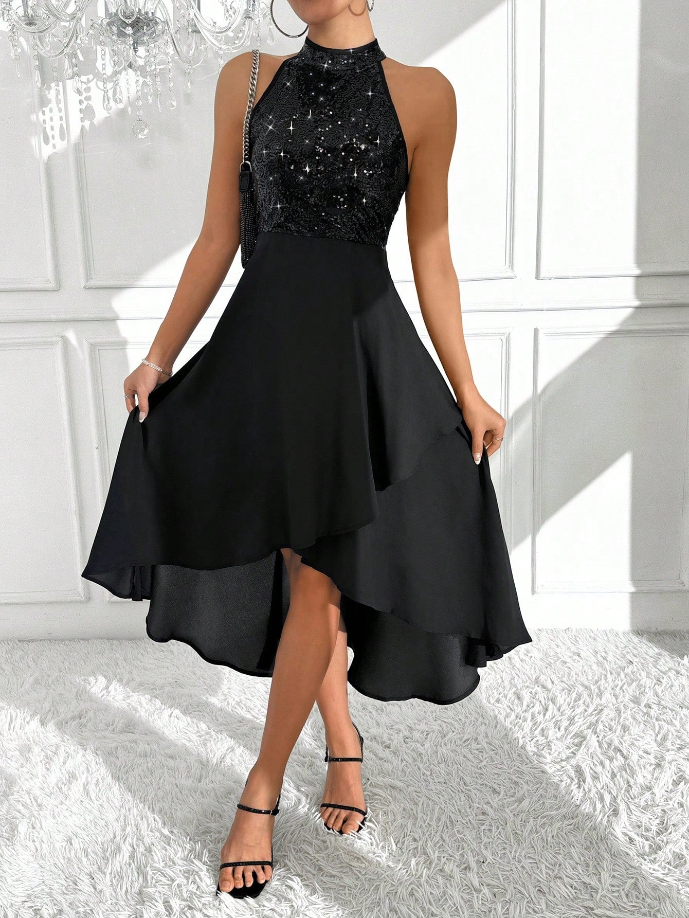 Shimmering Stardust Sequined Halter Dress