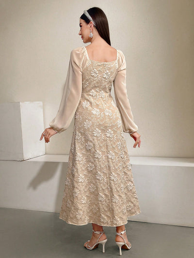 Elegant Floral Jacquard Lantern Sleeve Dress for Spring and Summer