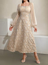 Elegant Floral Jacquard Lantern Sleeve Dress for Spring and Summer