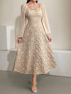 Elegant Floral Jacquard Lantern Sleeve Dress for Spring and Summer