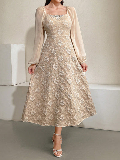 Elegant Floral Jacquard Lantern Sleeve Dress for Spring and Summer